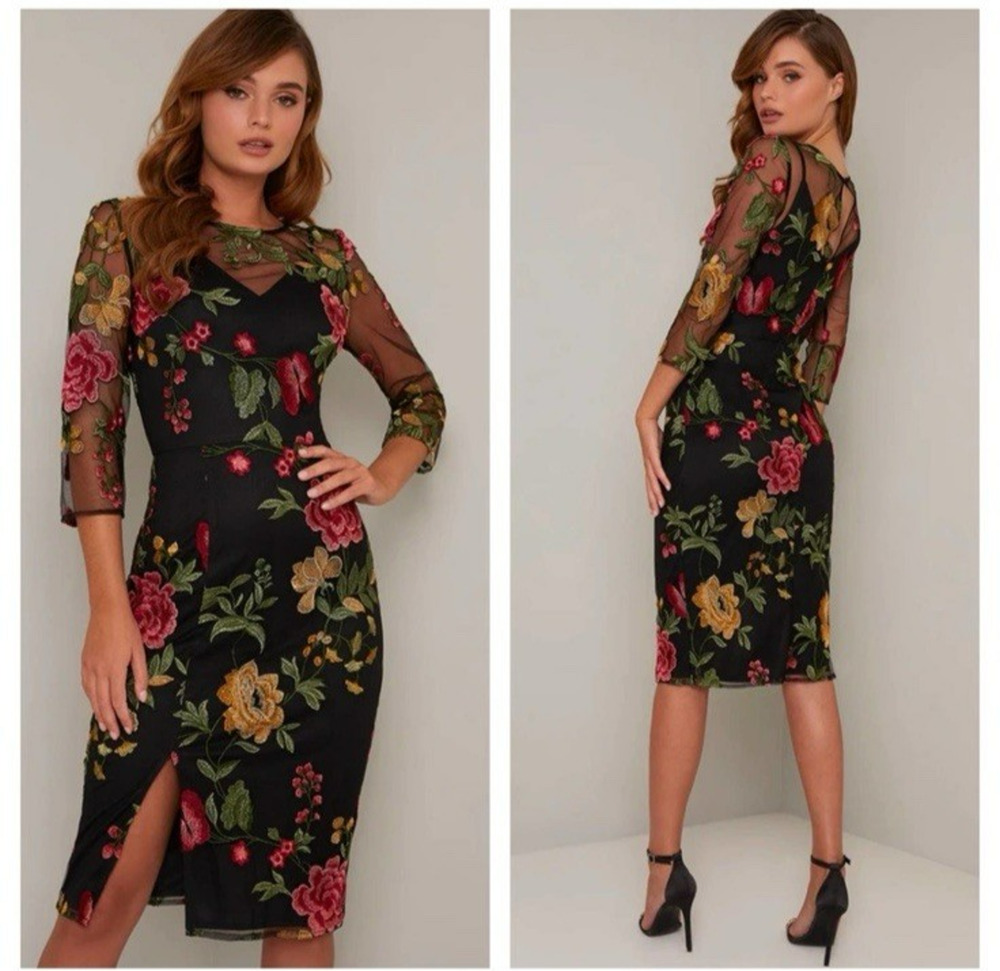 NWT Chi Chi London Flyeah Dress 4 Black Mesh Floral Butterfly Embroidery Sheer